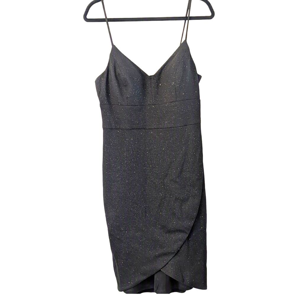 NEW Eliza J Black Glitter Cocktail Dress Size 12 Faux Wrap Midi